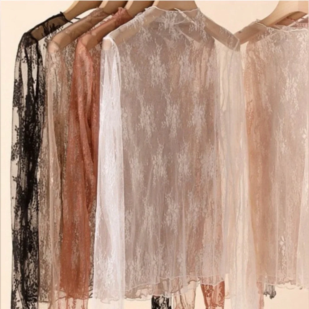 Lace Mesh Sheer Mock Top Floral Layering Stretchy Tan NEW - Picture 4 of 5